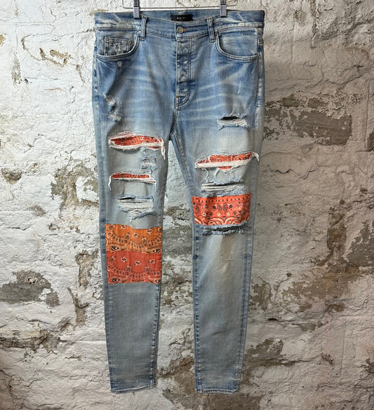 Amiri MX1 Orange Paisley Patches Blue Denim Jeans Sz 36