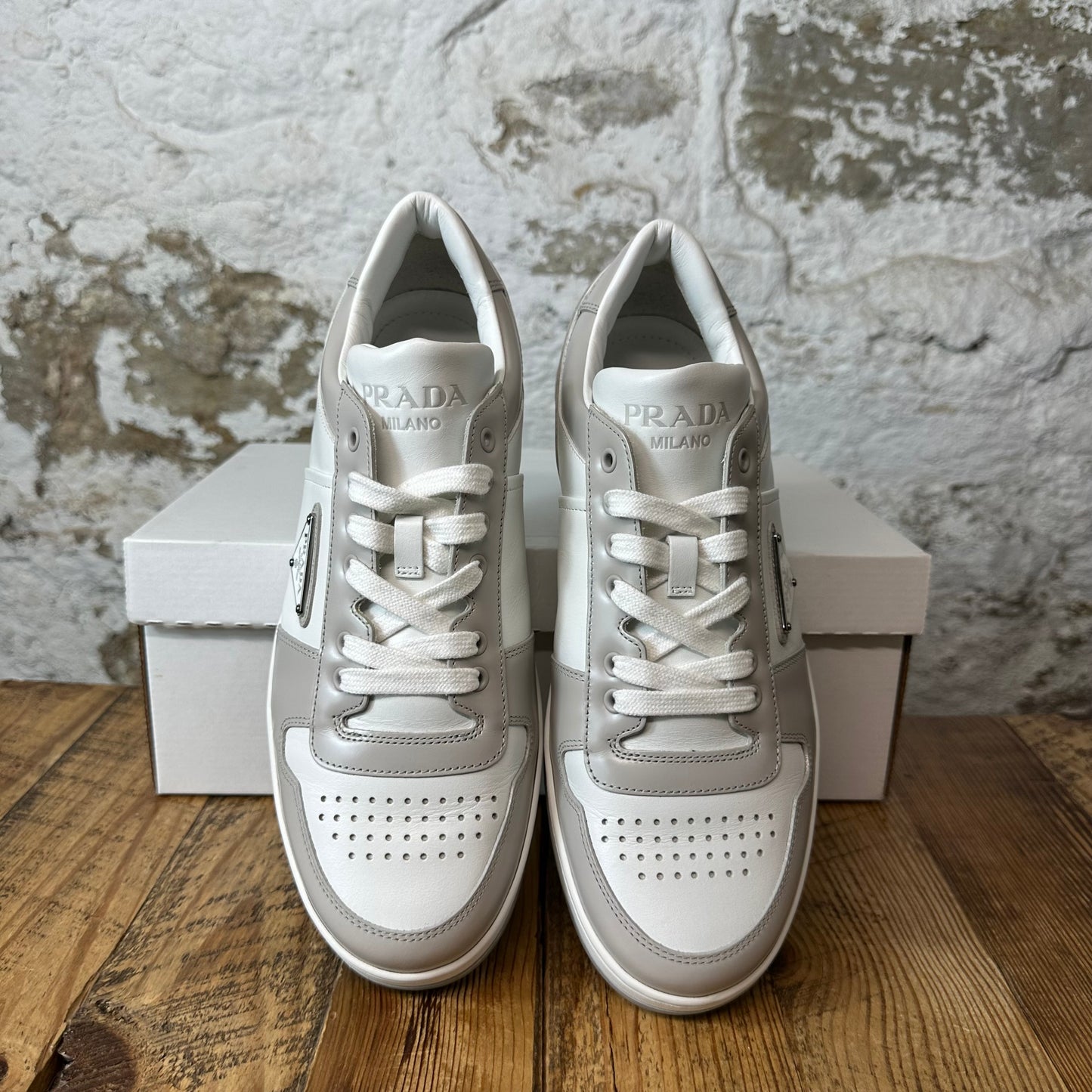 Prada Downtown Leather Grey White Sneaker Sz 8