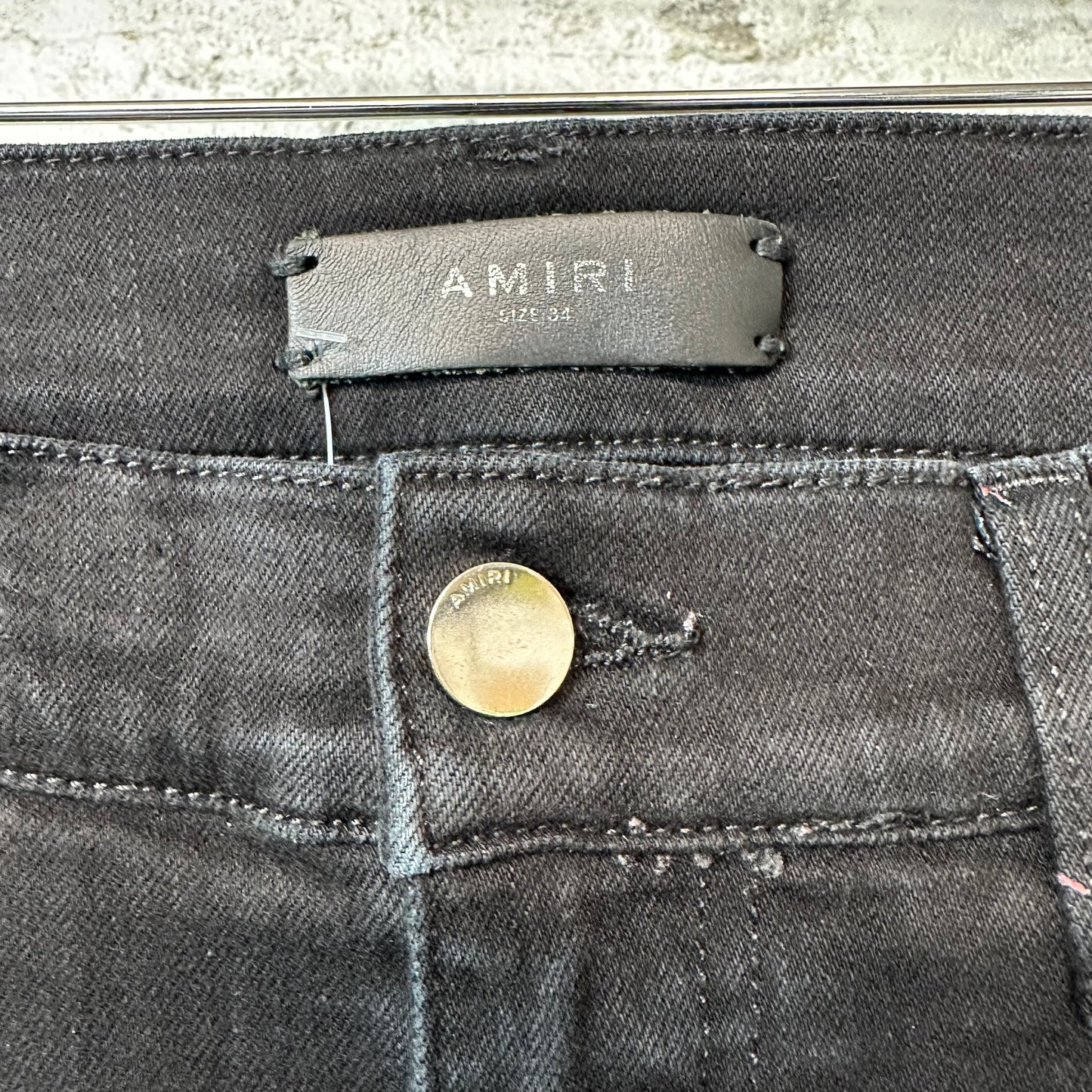 Amiri MX1 Black Leather Black Denim Jeans Sz 34