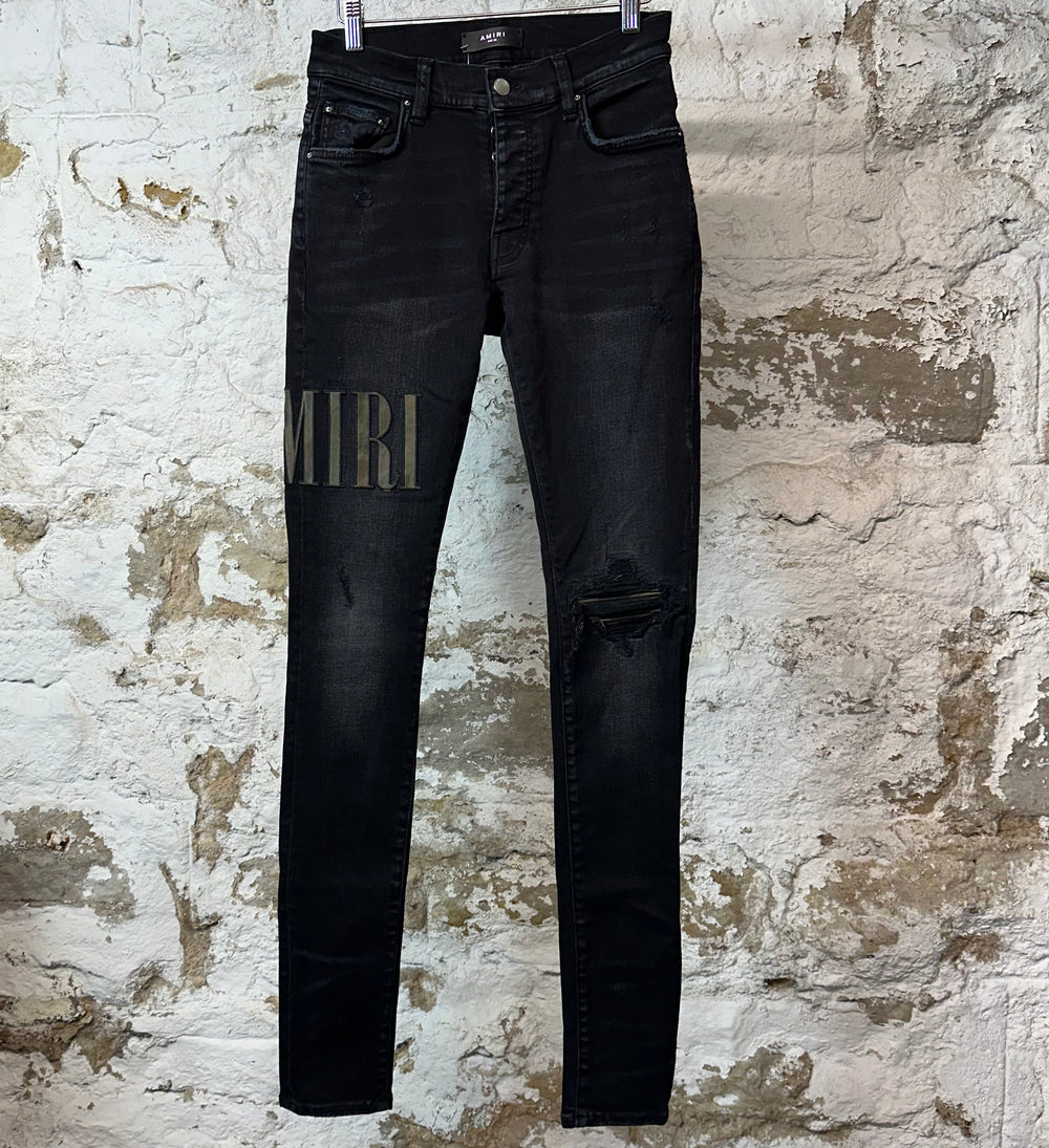 Amiri MX1 Green Camo Spell Black Denim Jeans Sz 28