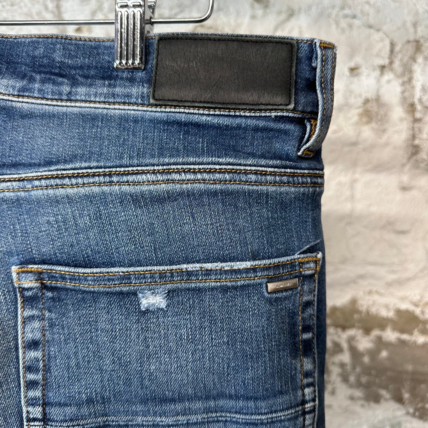 Amiri MX1 Black Leather Blue Denim Jeans Sz 34