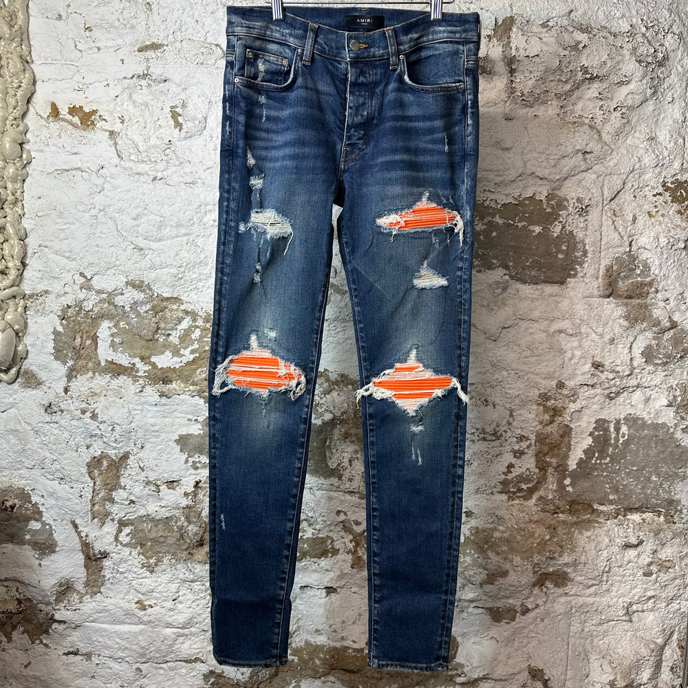 Amiri MX1 Orange Suede Dark Blue Denim Jeans Sz 33