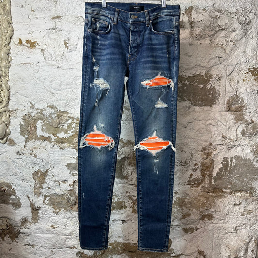 Amiri MX1 Orange Suede Dark Blue Denim Jeans Sz 33