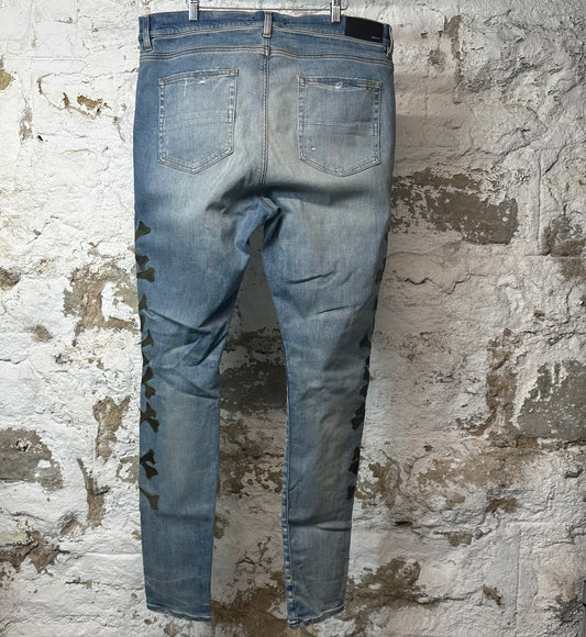 Amiri Green Camo Bones Blue Denim Jeans Sz 40