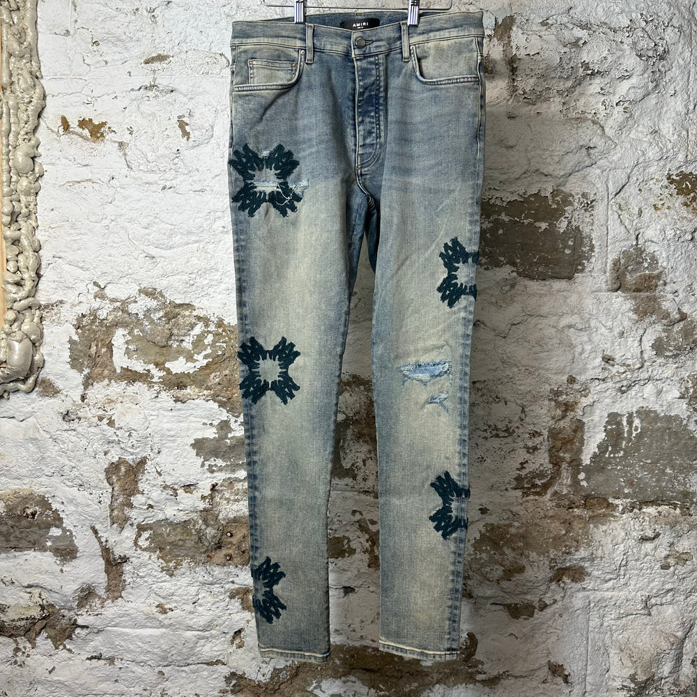 Amiri Green Quad Stitch Blue Denim Jeans Sz 34