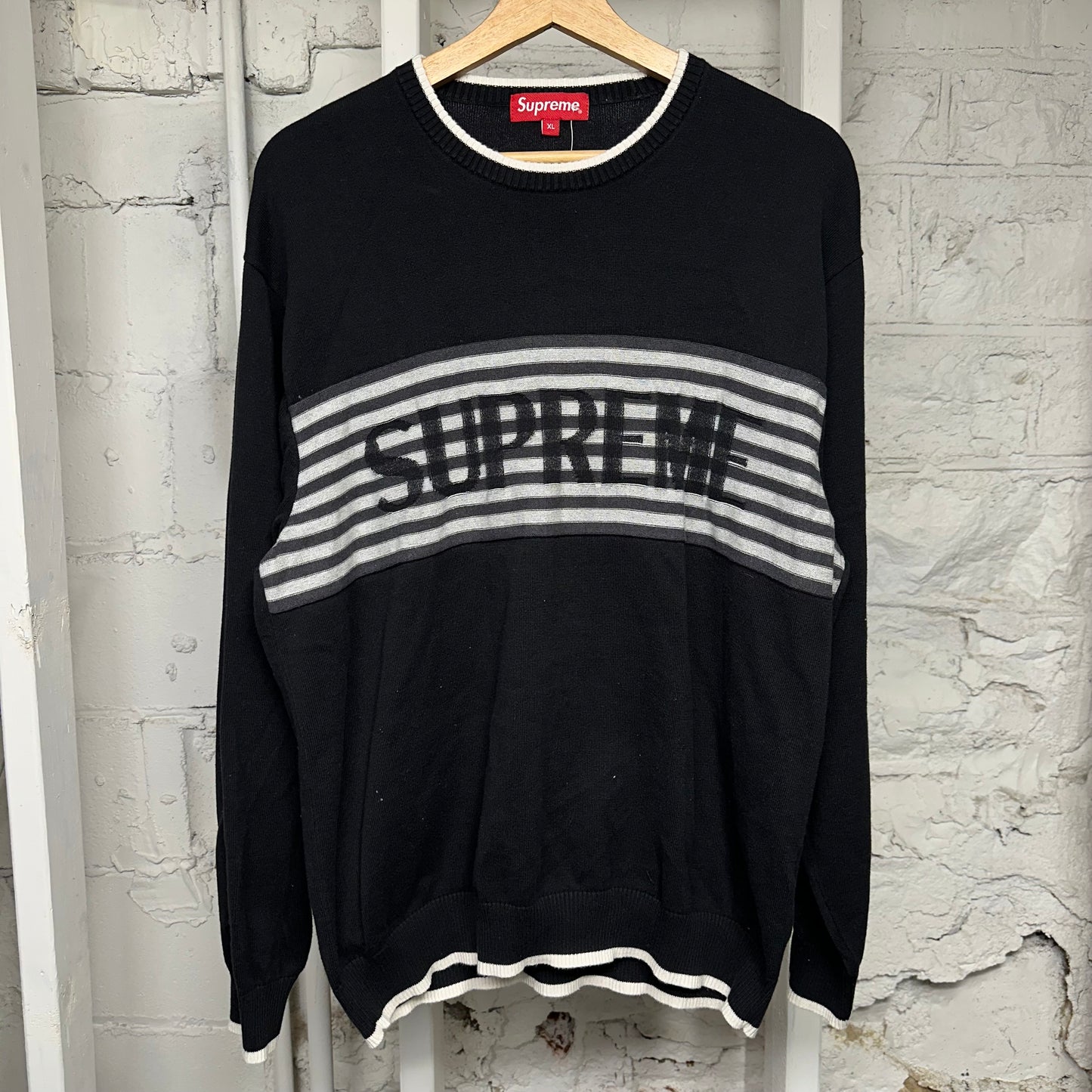 Supreme Chest Spellout Black Sweater Sz XL