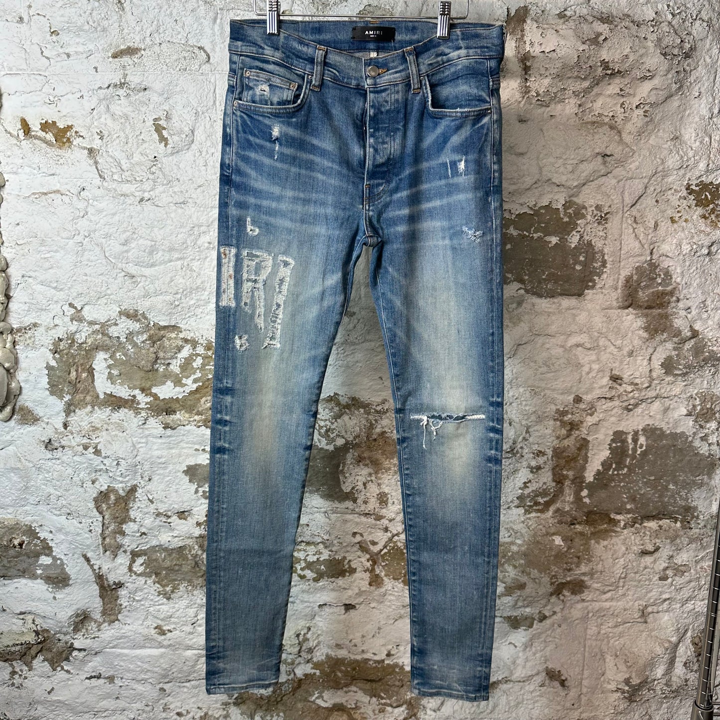 Amiri Distressed Side Spell Blue Denim Jeans Sz 31