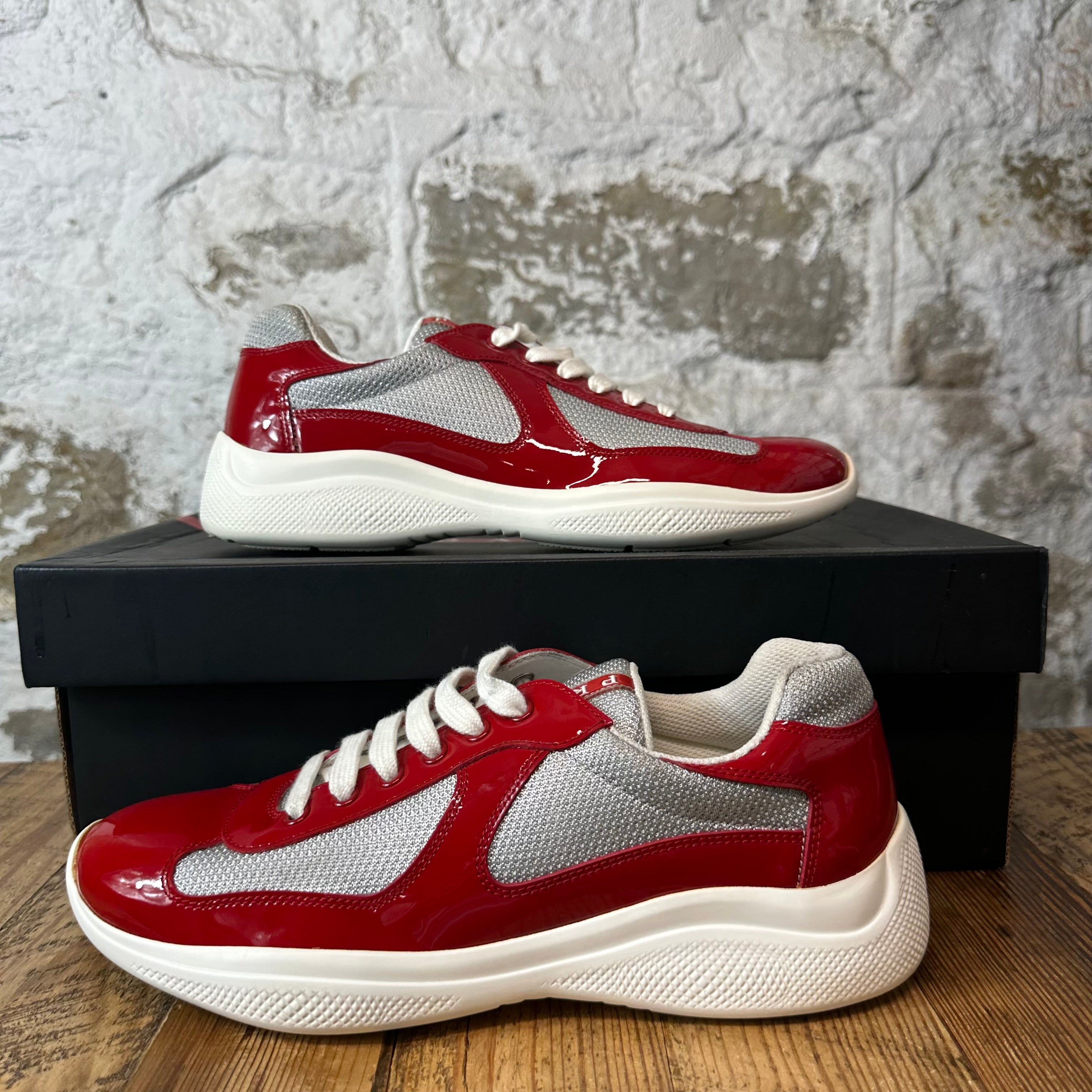 Prada Americas Cup Red Patent Grey White Sneaker Sz 7.5
