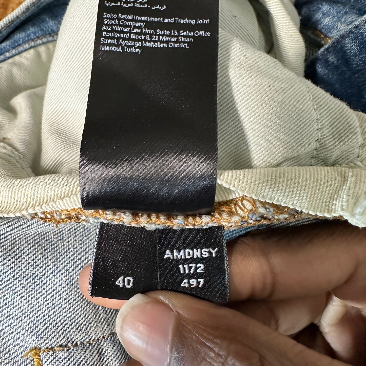 Amiri MX1 Maroon Gold Patch Blue Denim Jeans Sz 40