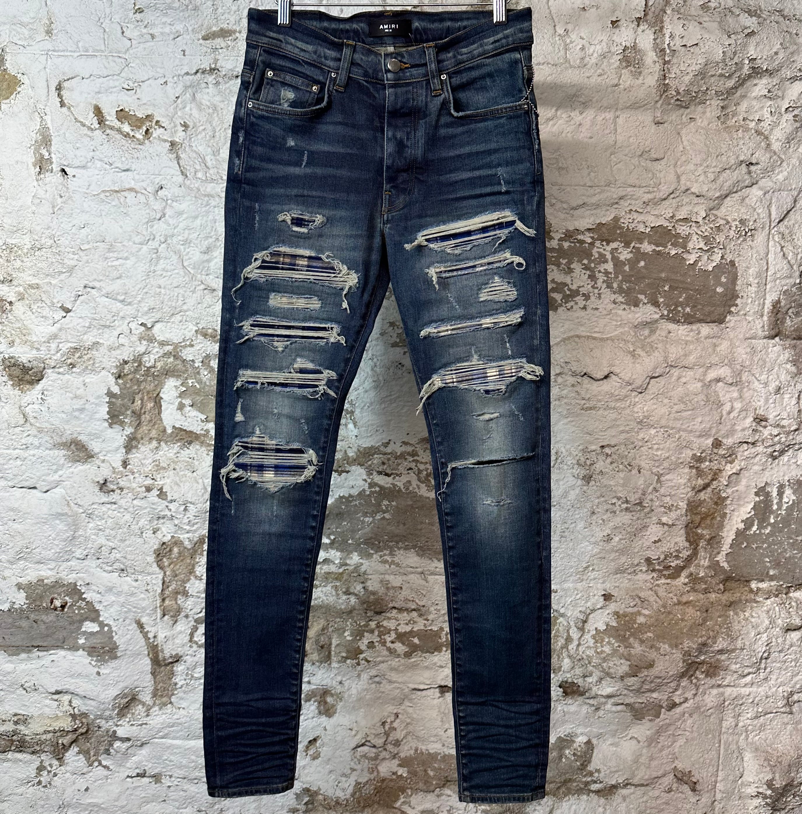 Amiri MX1 Blue Plaid Dark Blue Denim Jeans Sz 30