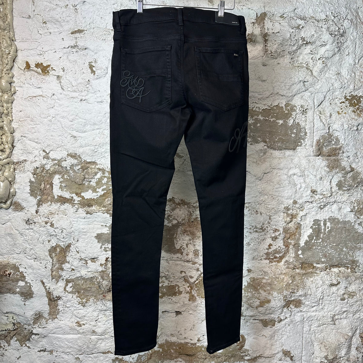 Amiri Leather Script Logo Black Denim Jeans Sz 34
