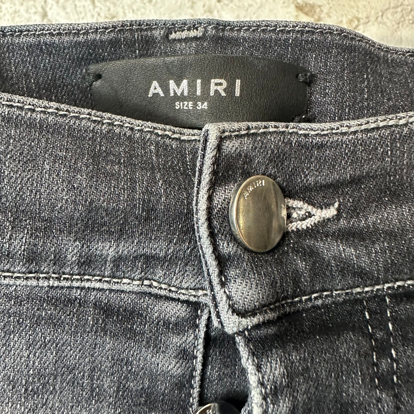 Amiri MX1 Black Paisley Thrasher Grey Denim Jeans Sz 34