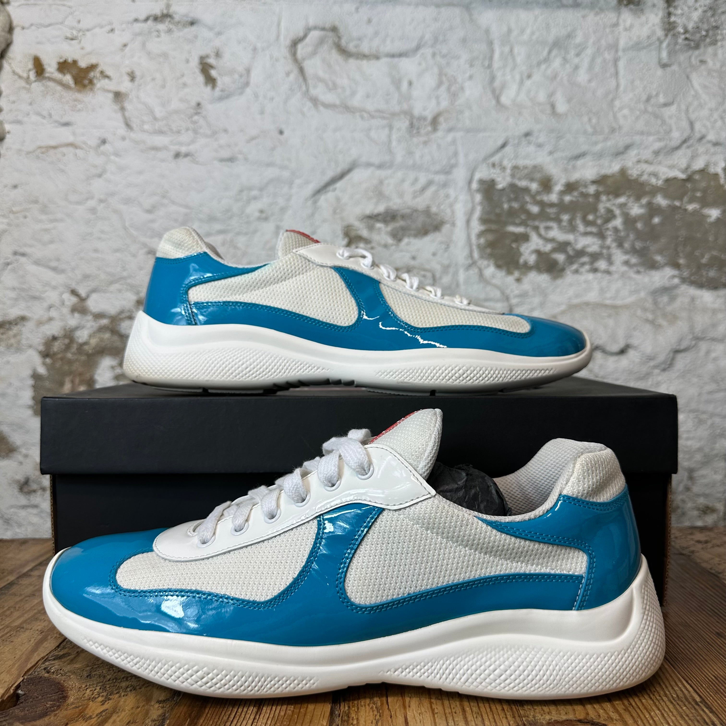 Prada Americas Cup Teal Blue Patent White Sneaker Sz 11.5