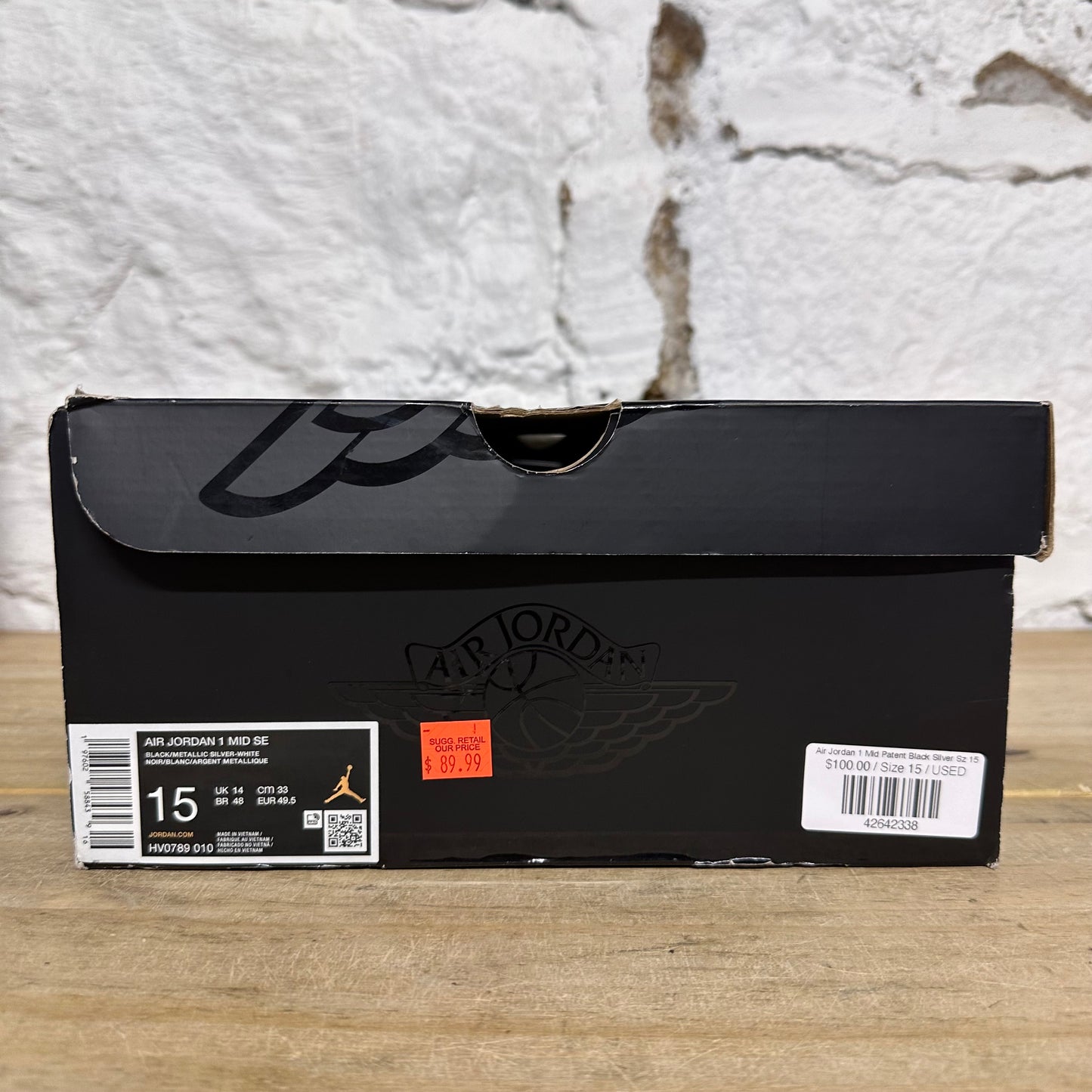Air Jordan 1 Mid Patent Black Silver Sz 15