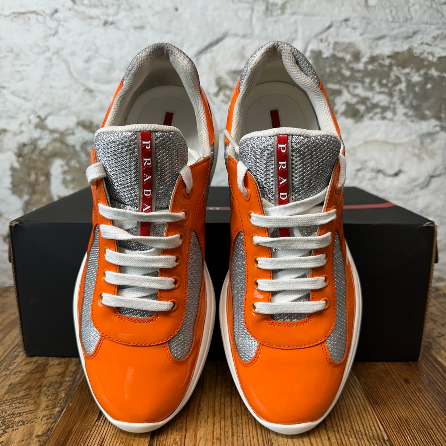 Prada Americas Cup Orange Patent Grey White Sneaker Sz 8