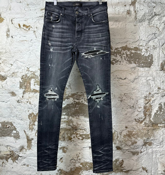 Amiri MX1 Black Leather Grey Denim Jeans Sz 30