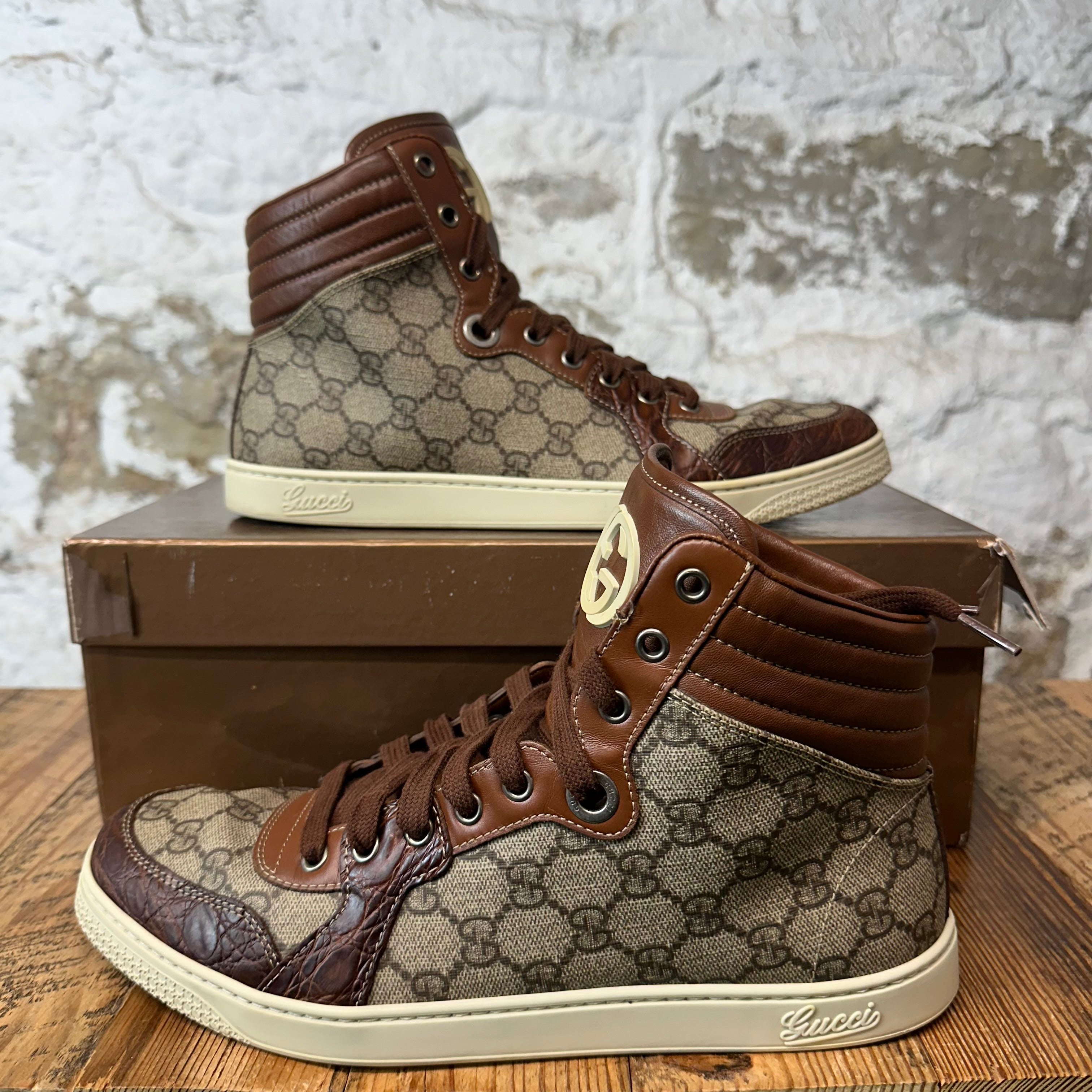 Gucci High GG Monogram Brown Beige Sneaker Sz 8
