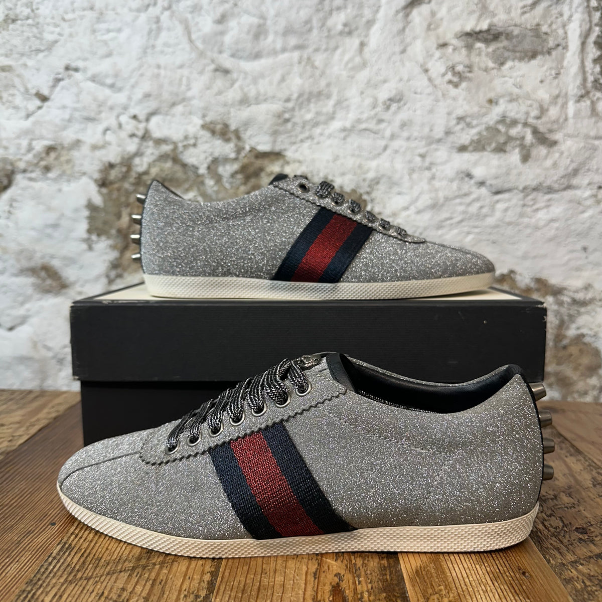 Gucci Bambi Web Silver Glitter Stud Sneaker Sz 6 (38.5 