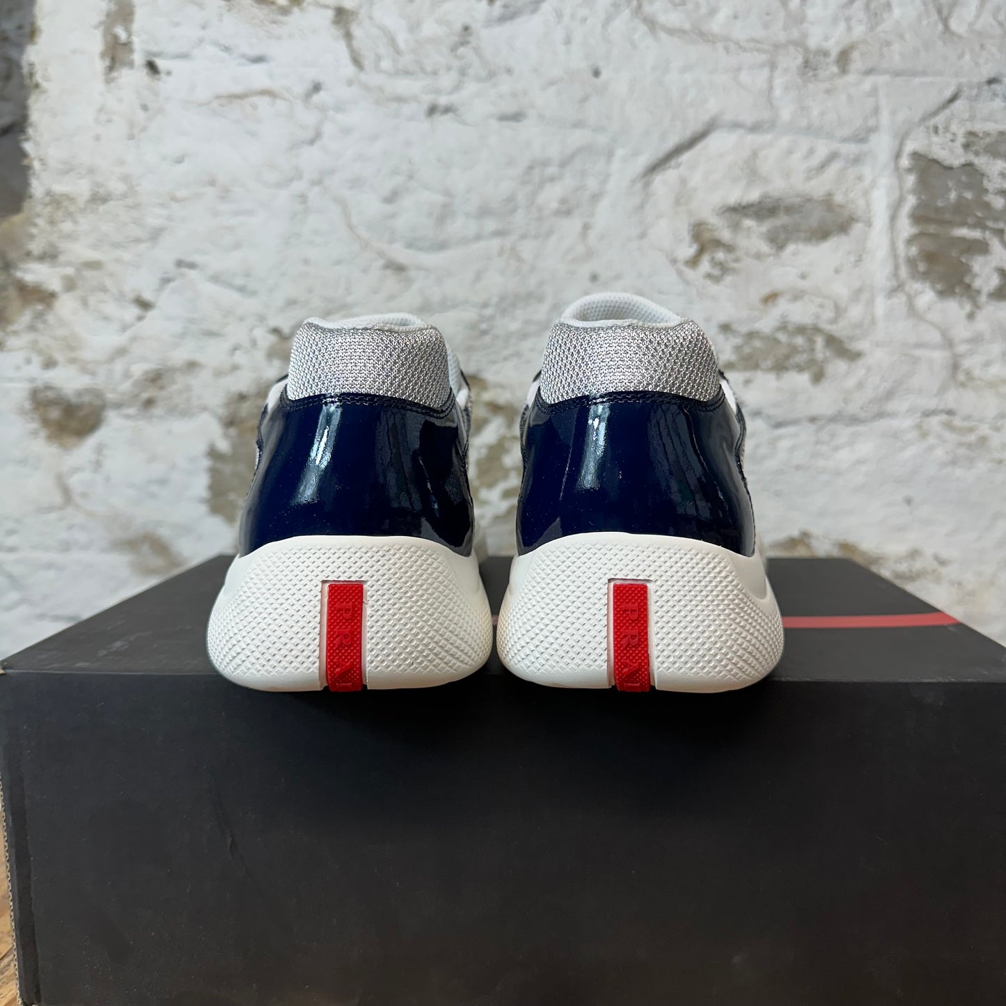 Prada Americas Cup Navy Blue Patent Grey Sneaker Sz 13 DS