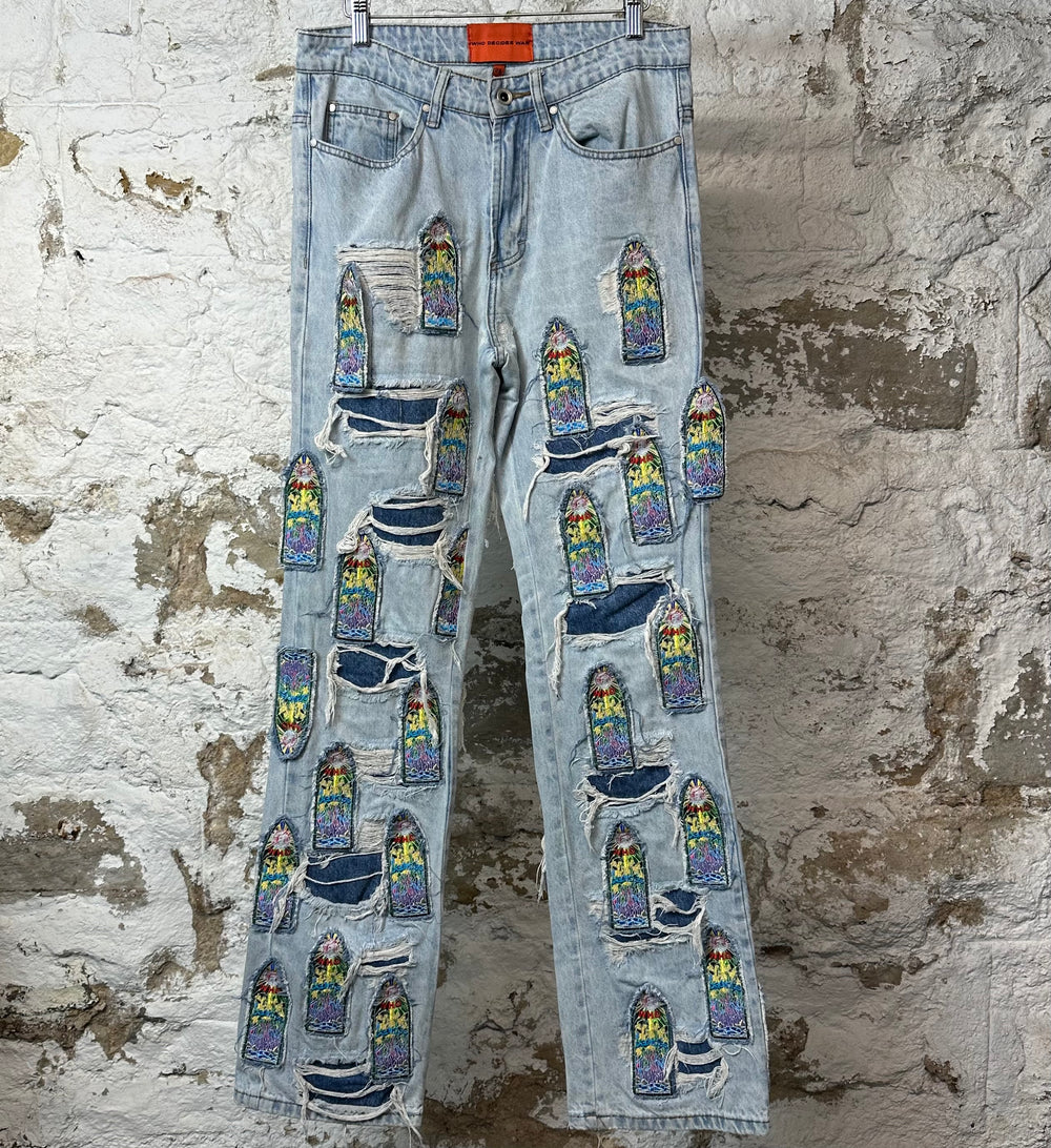 Who Decides War Stained Glass Patched Blue Denim Jeans Sz 28