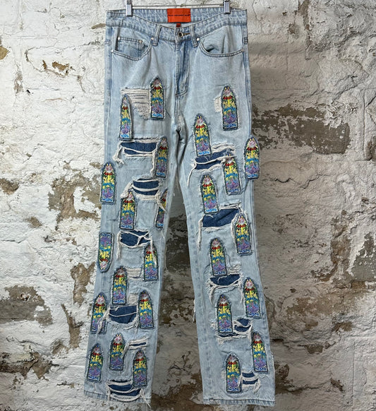 Who Decides War Stained Glass Patched Blue Denim Jeans Sz 28