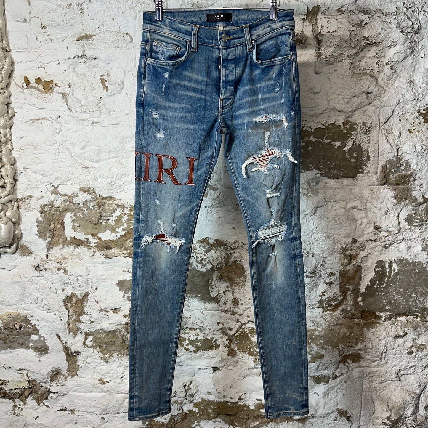 Amiri Brown Leather Spell Blue Denim Jeans Sz 29