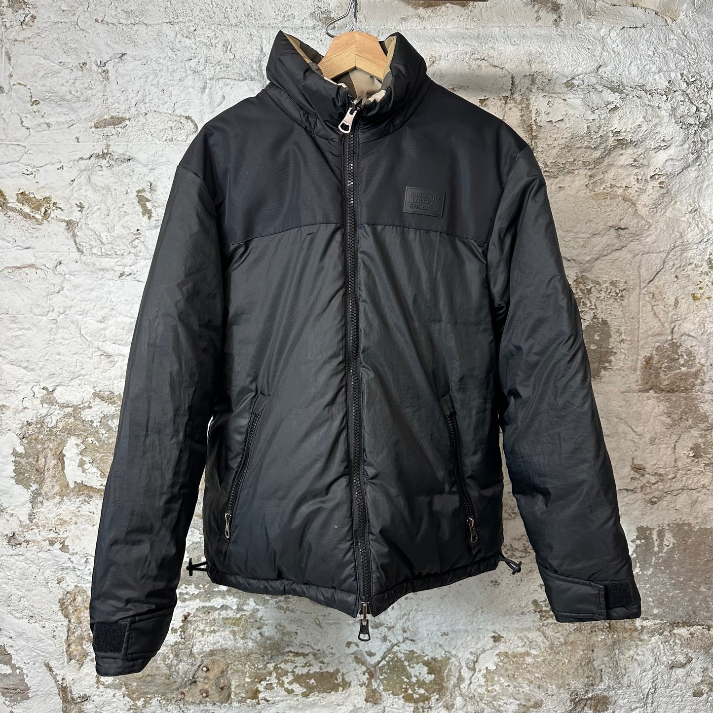 Burberry Tan Plaid Black Reversible Puffer Jacket Sz S (Stains)