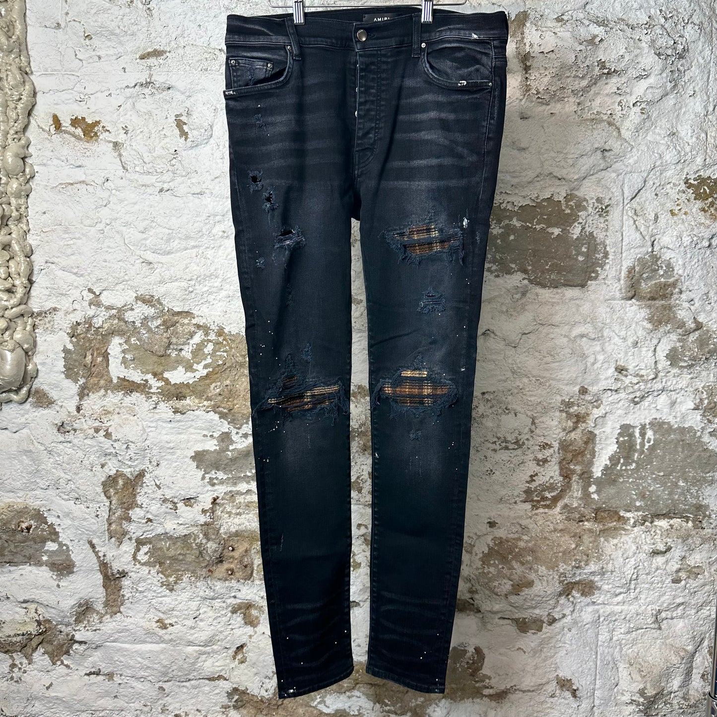Amiri MX1 Brown Plaid Flannel Black Denim Jeans Sz 34