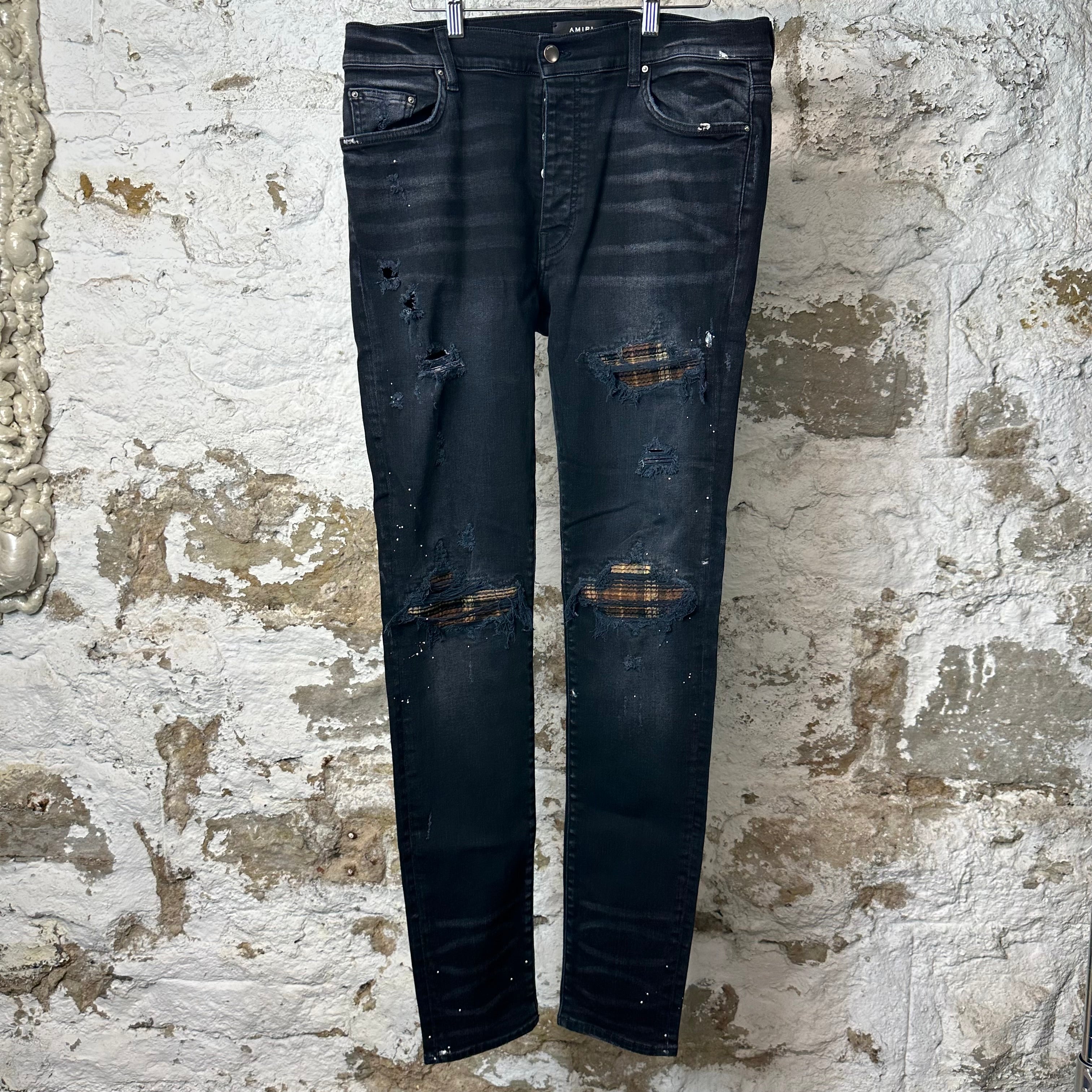 Amiri MX1 Brown Plaid Flannel Black Denim Jeans Sz 34