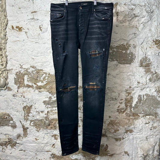 Amiri MX1 Brown Plaid Flannel Black Denim Jeans Sz 34