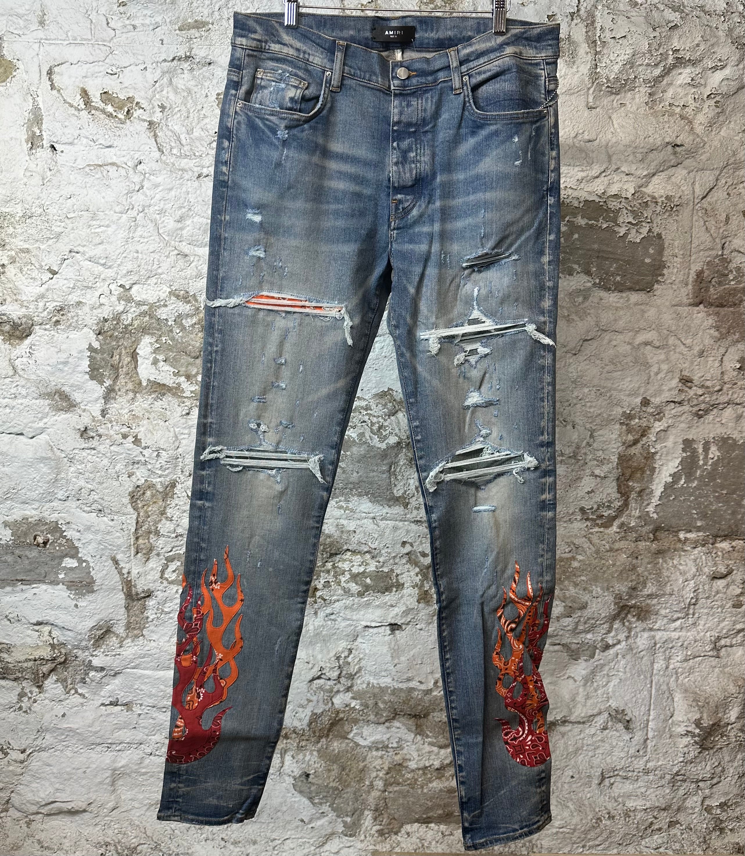 Amiri Red Orange Bandana Flame Blue Denim Jeans