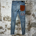 Amiri Brown Leather Spell Blue Denim Jeans Sz 29