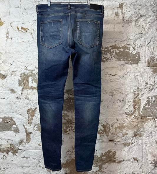 Amiri MX1 Black Leather Dark Blue Denim Jeans Sz 38