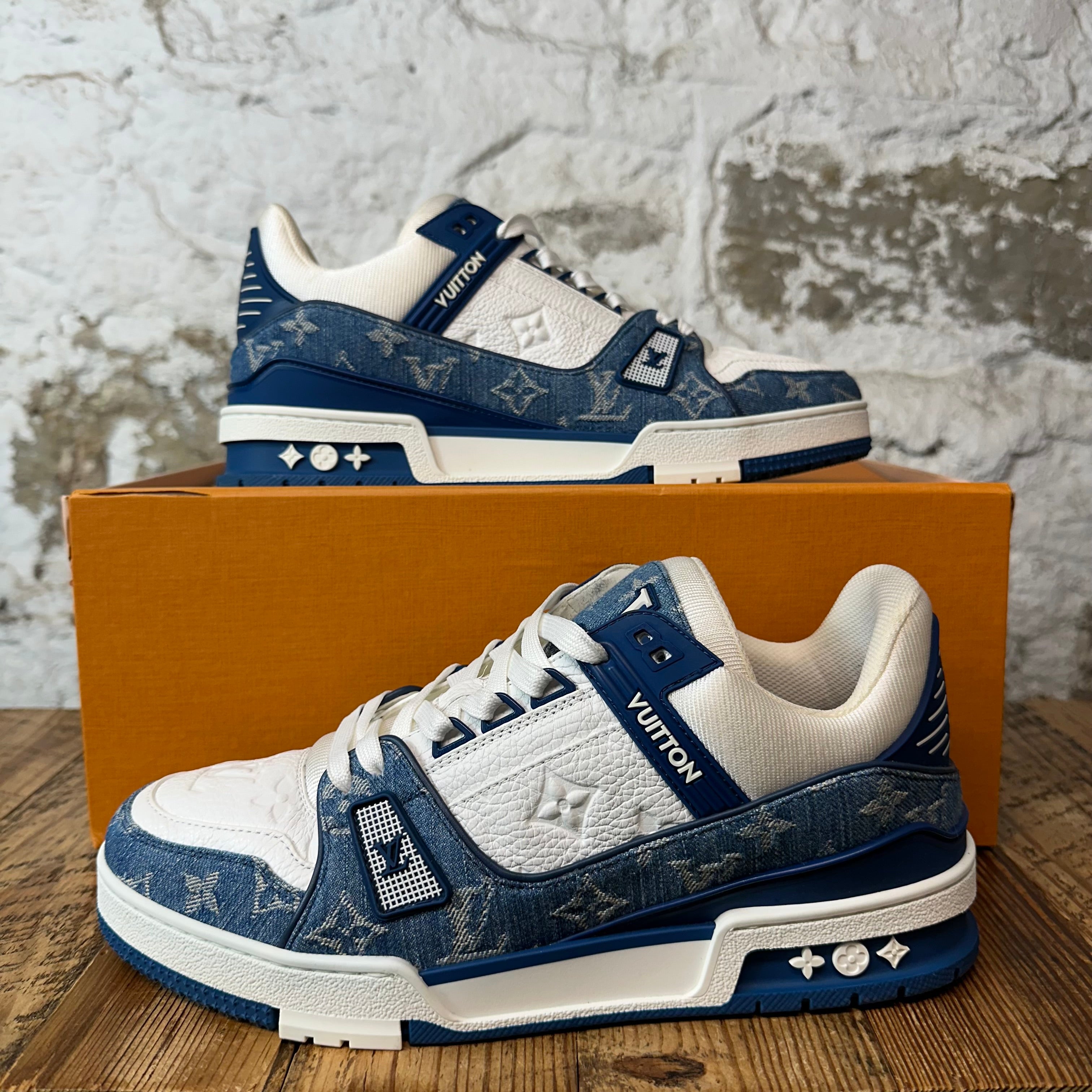 Louis Vuitton Blue Denim Monogram White Trainer Sneaker Sz 8.5 (7LV)