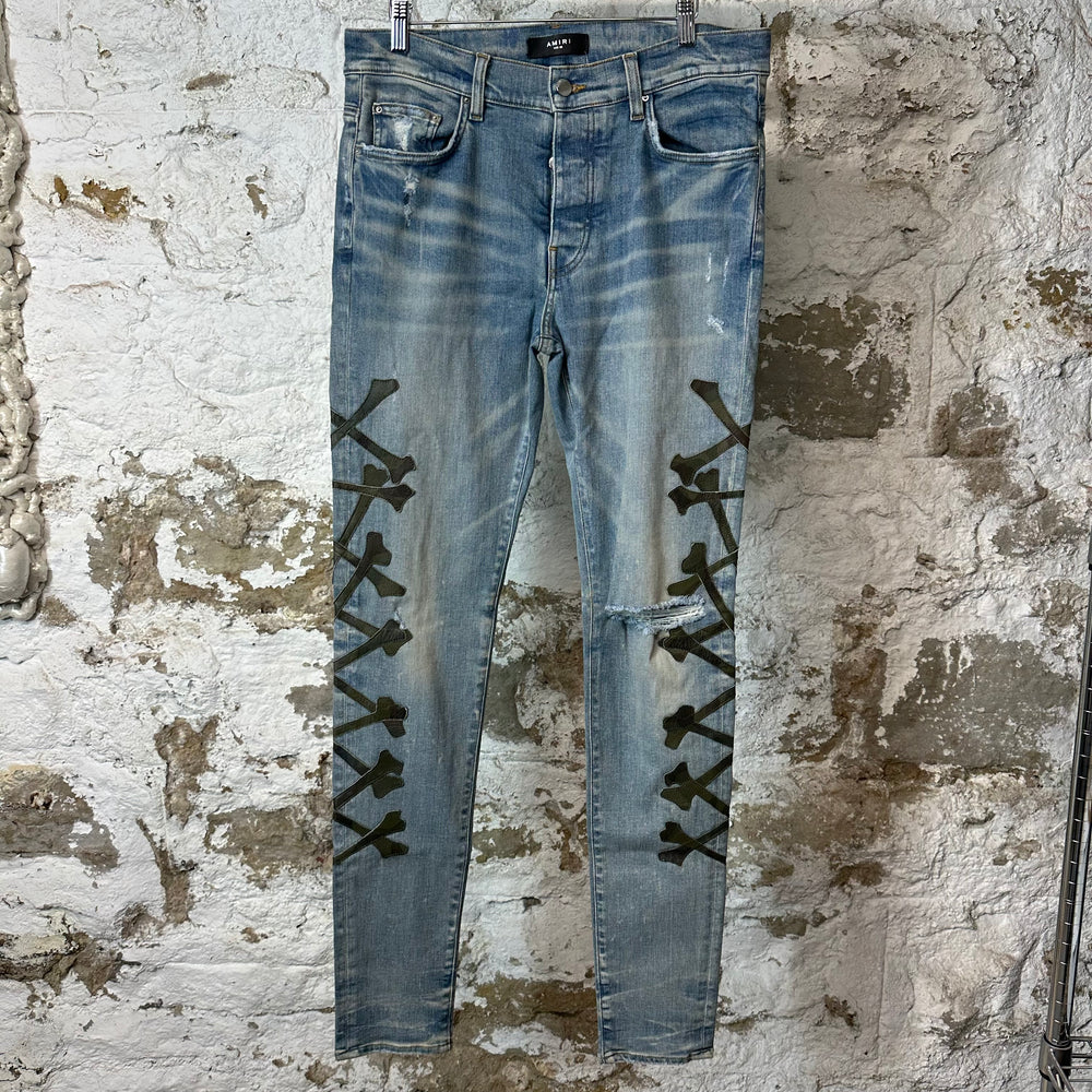Amiri Green Camo Bones Blue Denim Jeans Sz 33