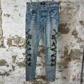 Amiri Green Camo Bones Blue Denim Jeans Sz 33