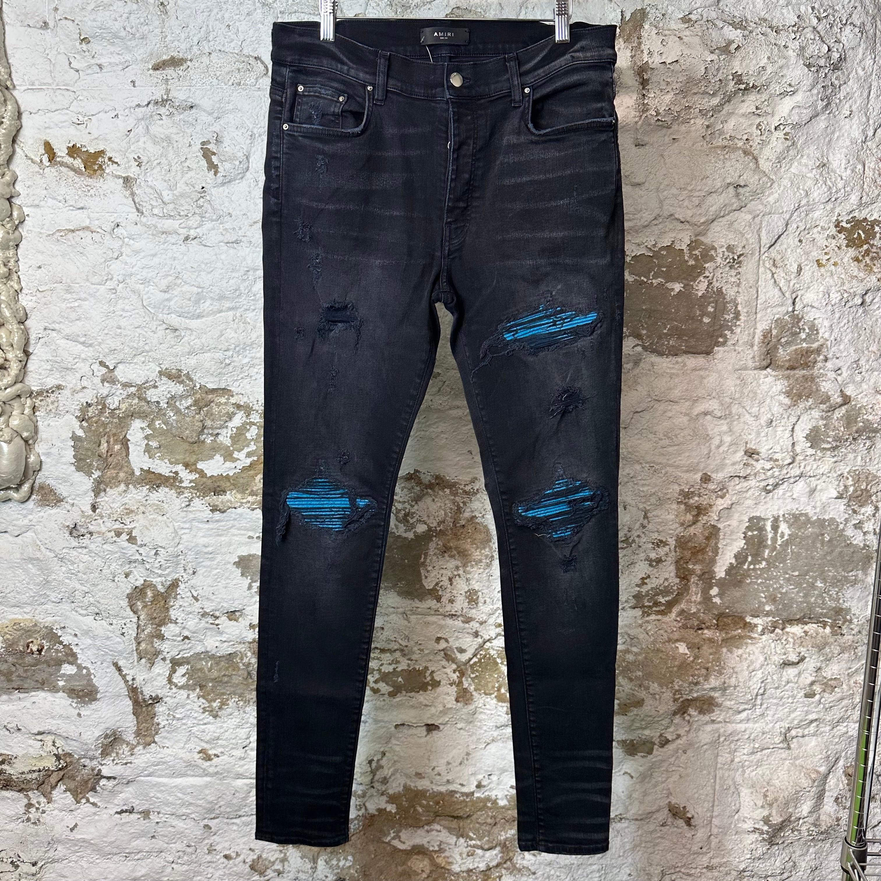 Amiri MX1 Cracked Blue Black Denim Jeans Sz 34