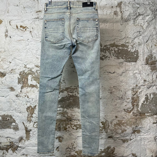 Amiri MX1 Black Leather Washed Blue Denim Jeans Sz 29