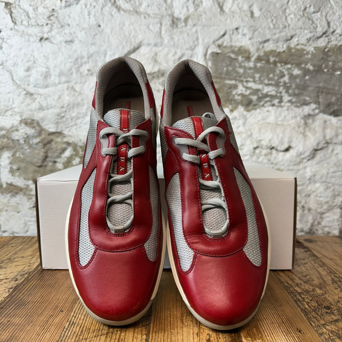 Prada Americas Cup Vintage Red Leather Grey Sneaker Sz 11