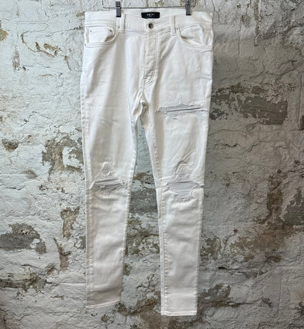 Amiri MX1 White Leather White Denim Jeans Sz 34