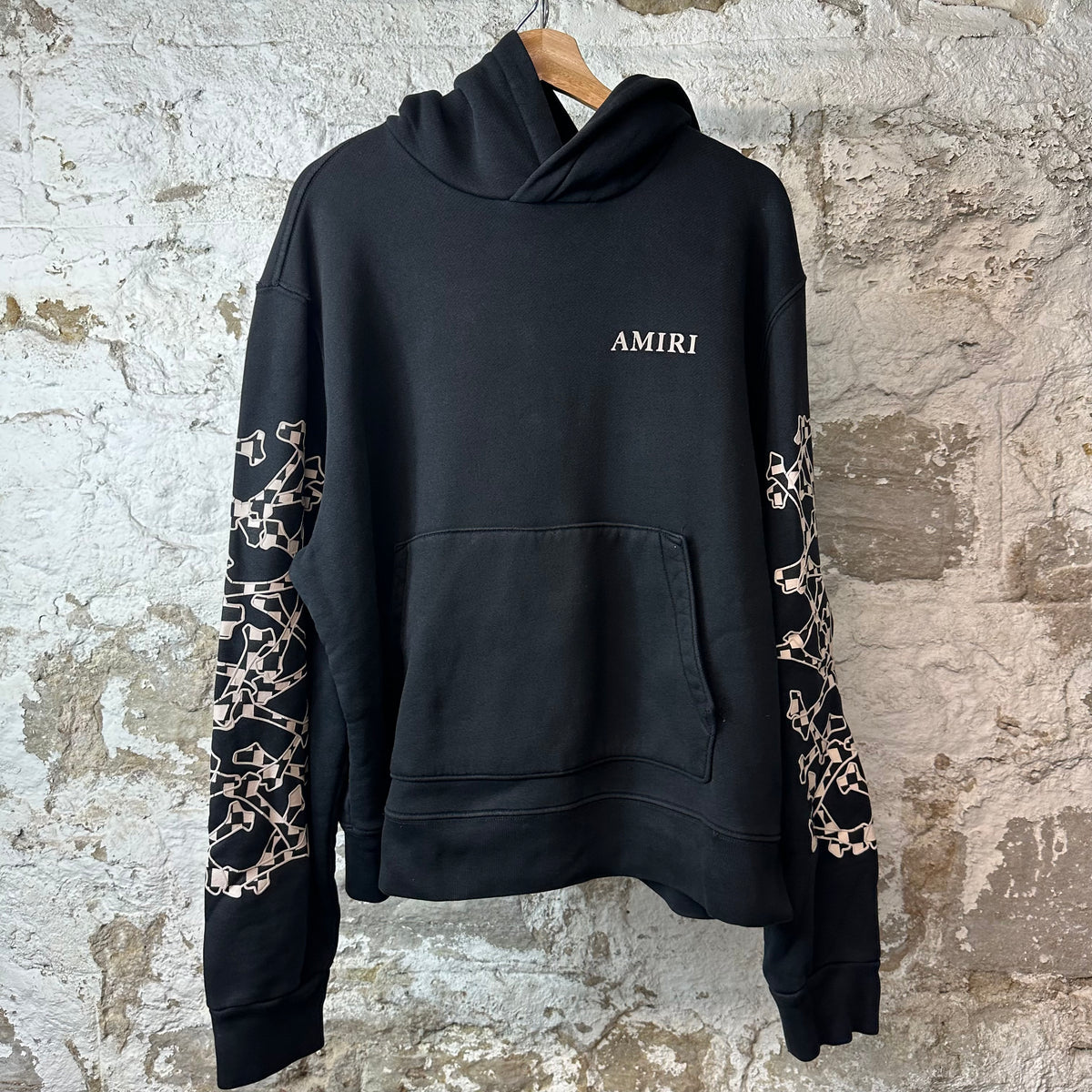 Amiri Checkered Sleeve Bones Hoodie Black Sz XL