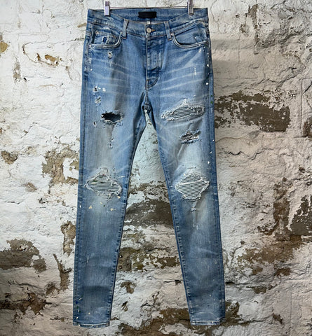 Amiri MX1 Denim Patch Paint Splatter Blue Denim Jeans Sz 32