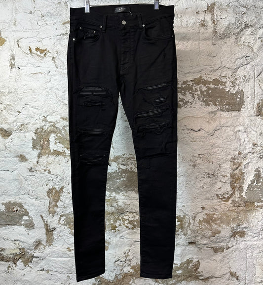 Amiri MX1 Black Leather Black Denim Jeans Sz 32