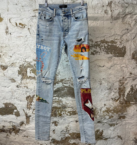 Amiri Playboy Logos Blue Denim Jeans Sz 29