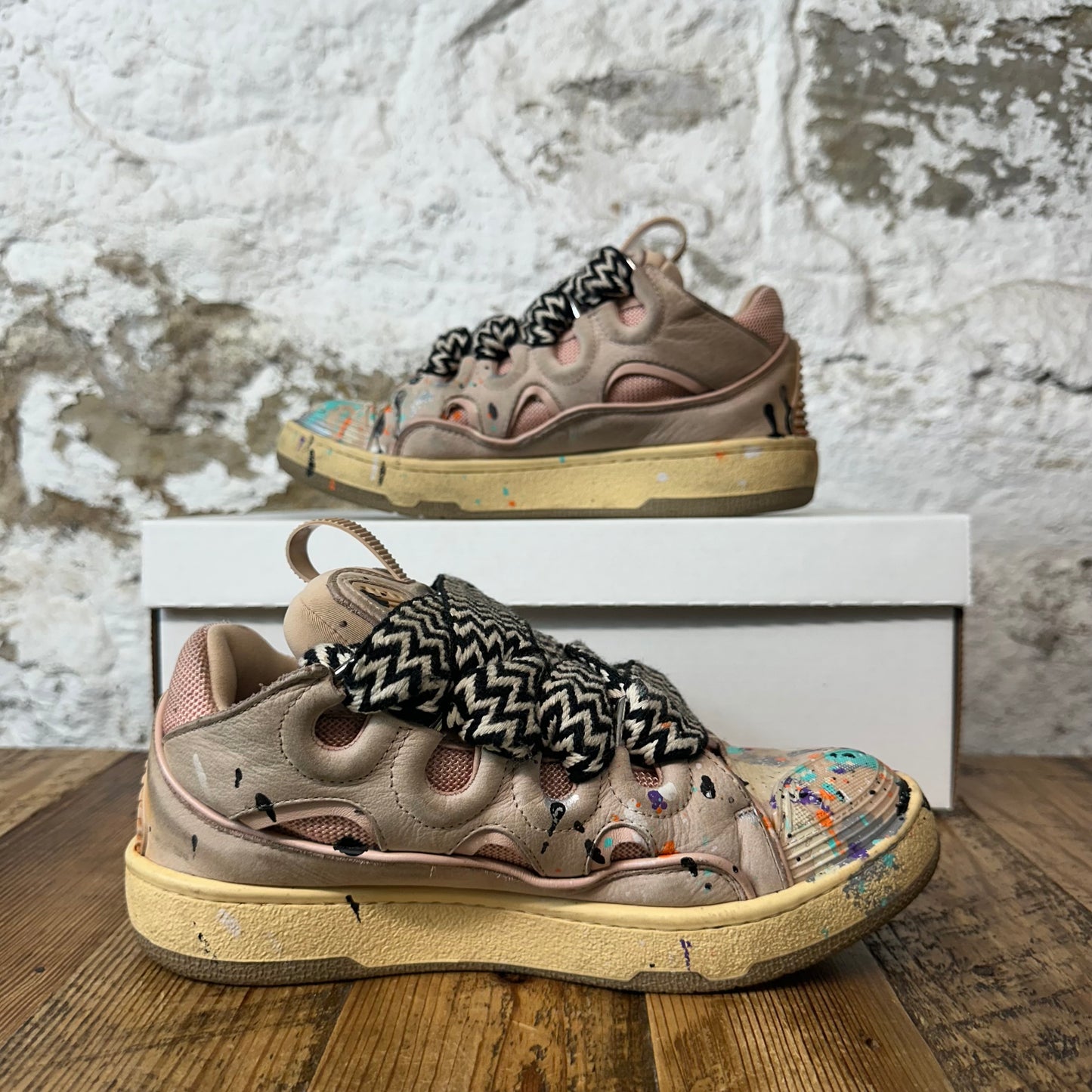 Lanvin Curb Black White Lace Paint Splatter Pink Sneaker Sz 4.5 (36) No Box