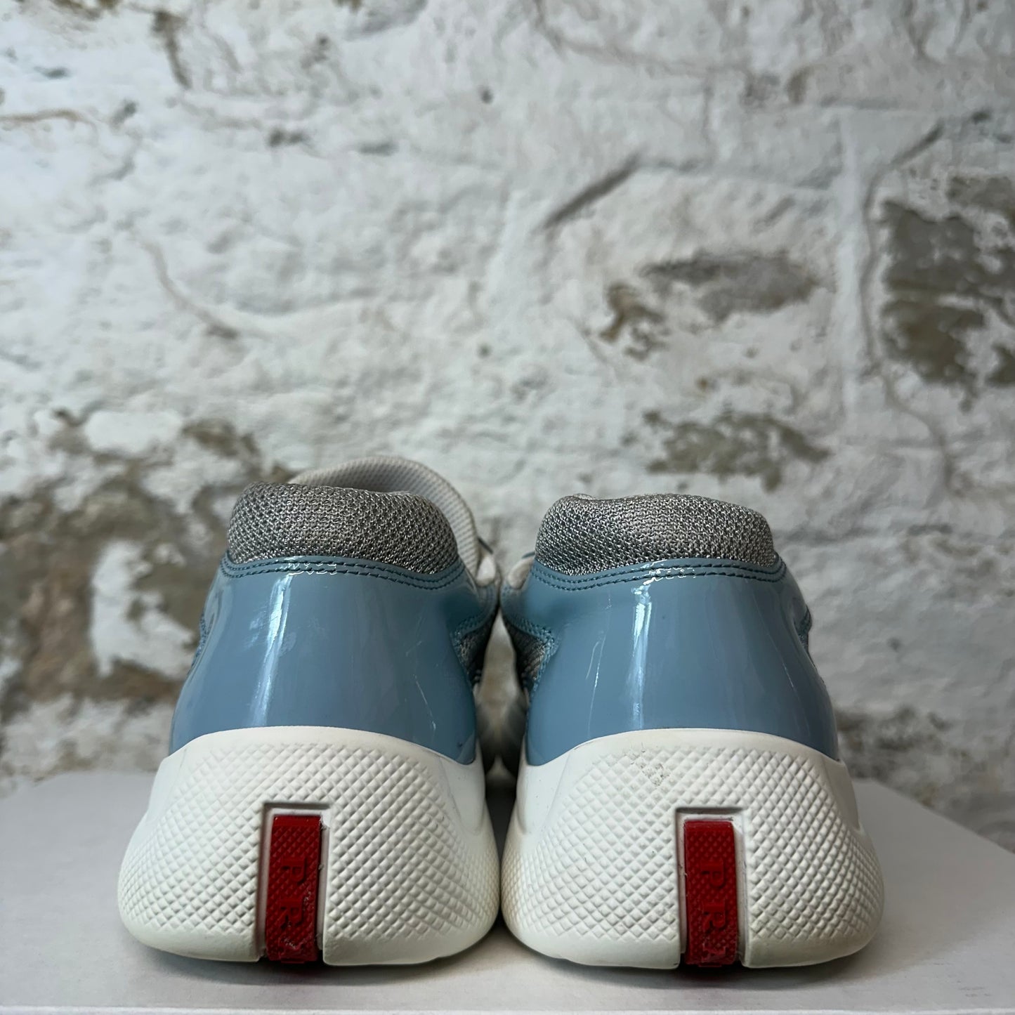 Prada Americas Cup Baby Blue Patent Grey White Sneaker Sz 9