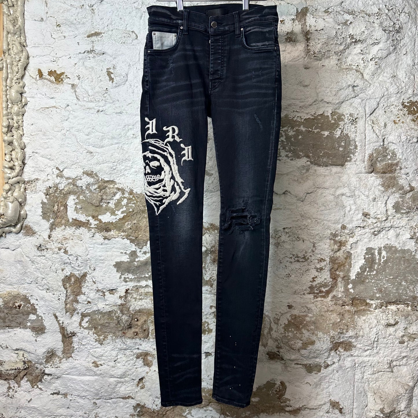 Amiri Embroidered Reaper Logo Black Denim Jeans Sz 29