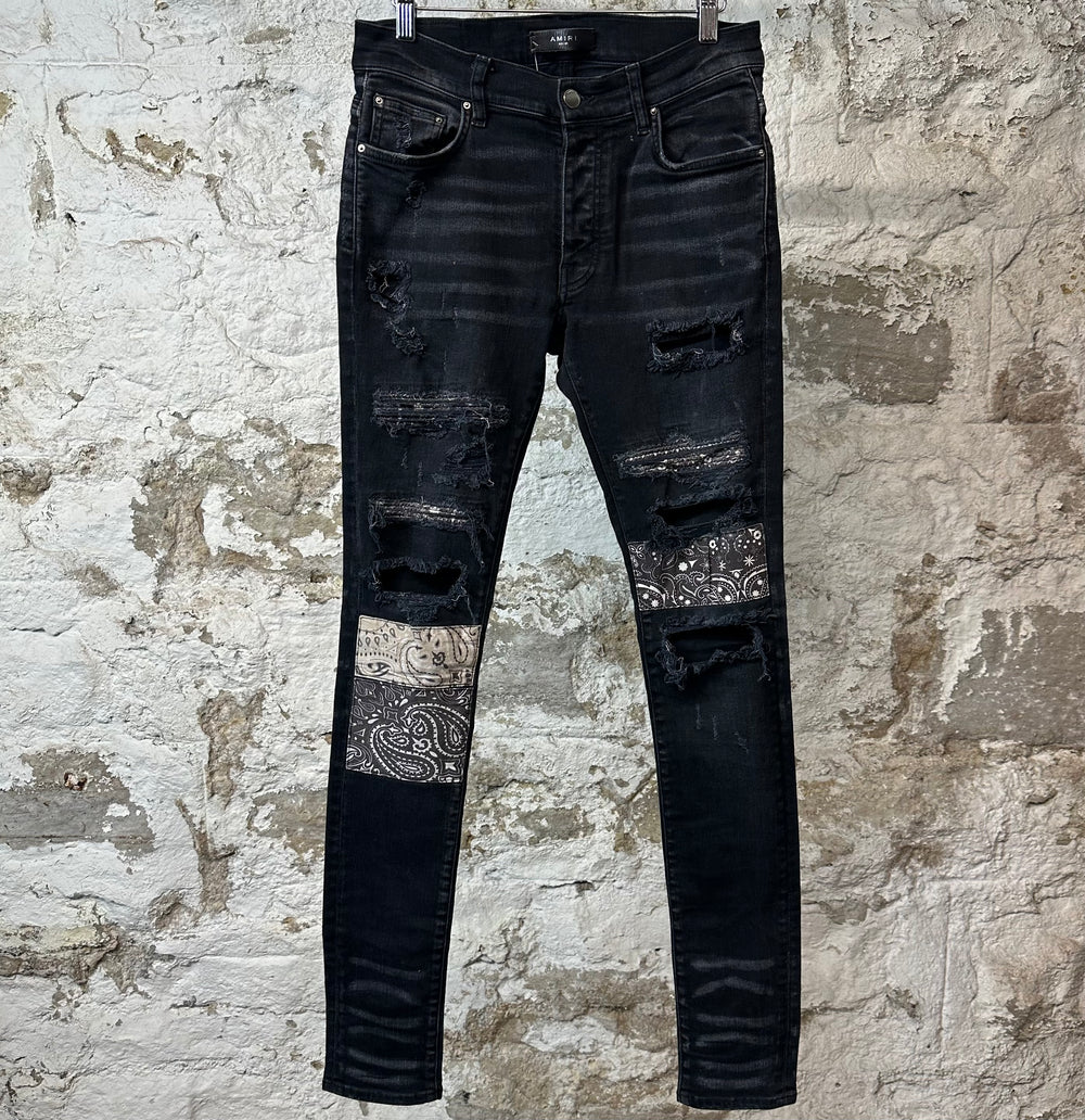 Amiri MX1 Grey Paisley Patch Black Denim Jeans Sz 28