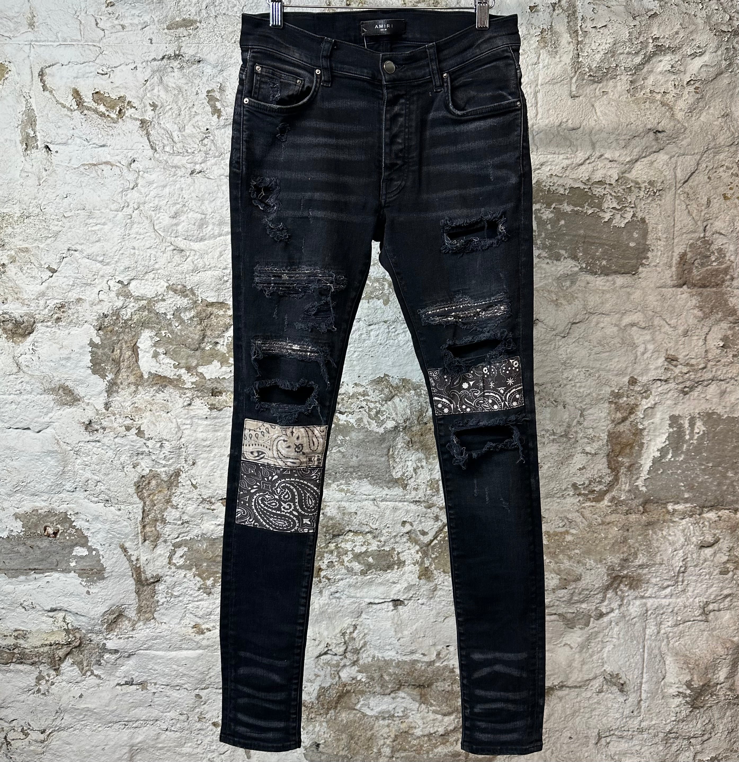 Amiri MX1 Grey Paisley Patch Black Denim Jeans Sz 28