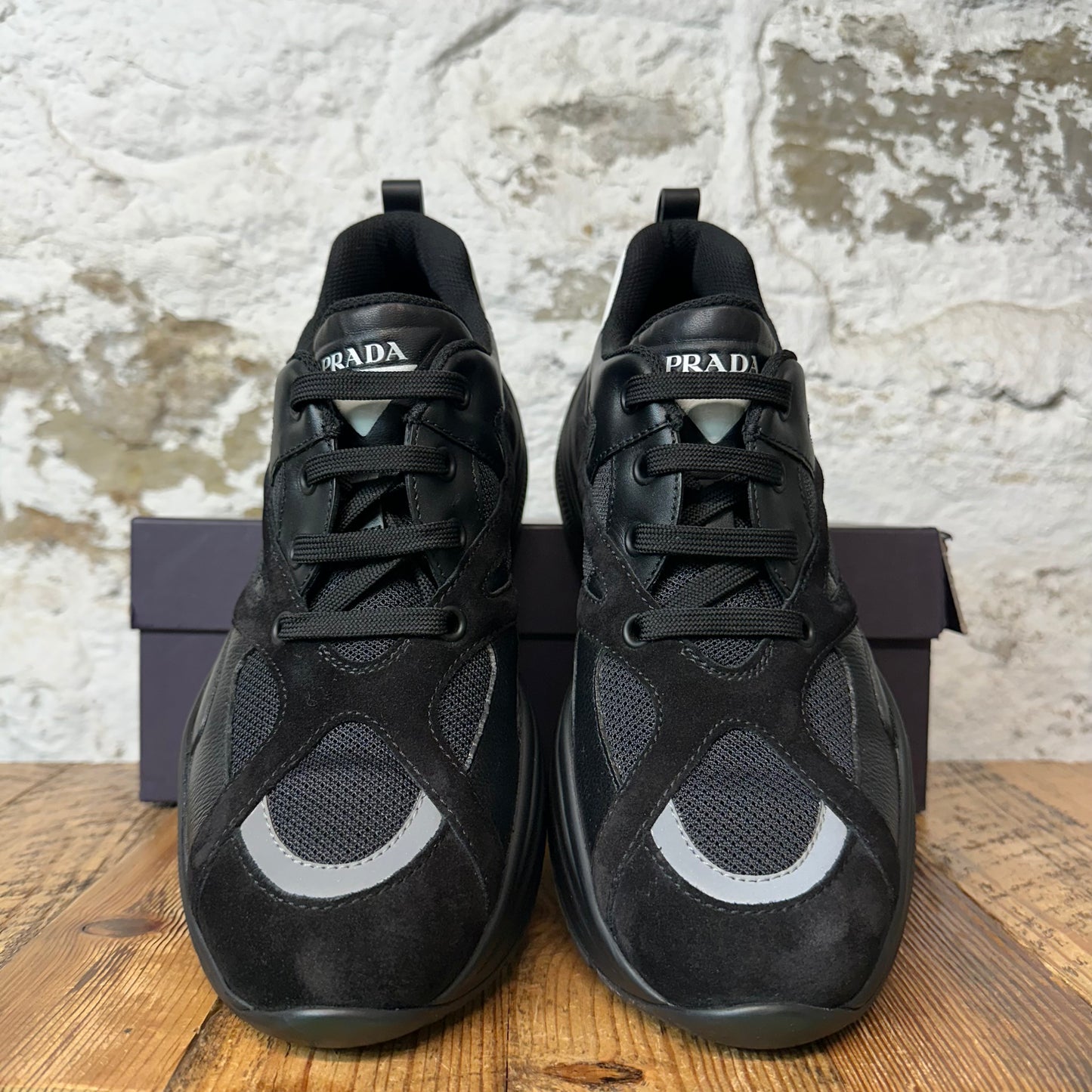 Prada Triple Black White Tab Platform Sneaker Sz 10